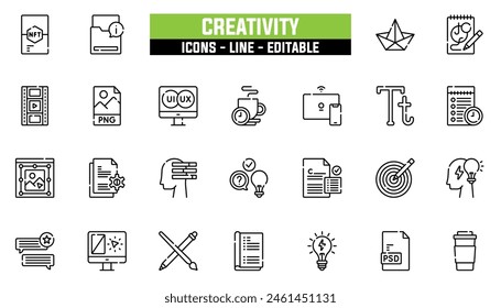 25 creativity icons set, vector line, editable stroke.