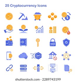25 Cryptocurrency icons in flat design style