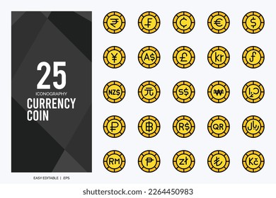25 Currency Coin Lineal Color icon pack. vector illustration.
