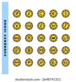 25 Currency Coin Lineal Color icon pack. vector illustration.