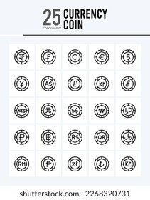 25 Currency Coin Outline icons Pack vector illustration.