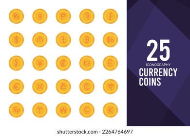25 Moneda Moneda Paquete de icono Plano. ilustración vectorial.