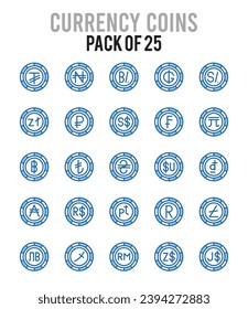 25 Currency Coins icons Pack vector illustration.