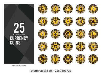 25 Currency Coins Lineal Color icon pack. vector illustration.