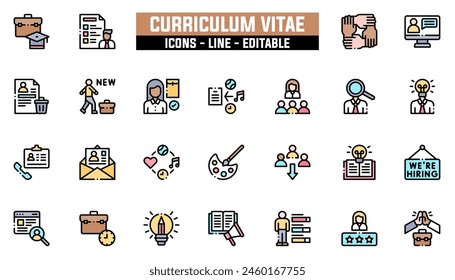 25 curriculum vitae icons set, vector line, editable stroke.