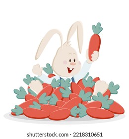 25 - 25 Cute bunny is happy to find the best carrot in huge heap.  Christmas, New Year and Easter coloured vector illustration. Collection of rabbits in cartoon style. Humour