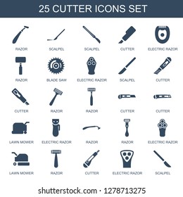 25 cutter icons. Trendy cutter icons white background. Included filled icons such as razor, scalpel, electric razor, blade saw, lawn mower. cutter icon for web and mobile.