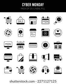 25 Cyber Monday Lineal Fill icons Pack vector illustration.