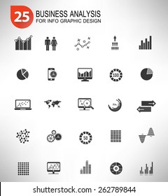 25 Data analysis design icon set,black version,clean vector
