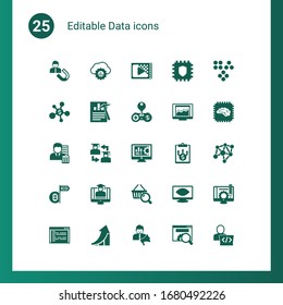 25 data filled icons set isolated on . Icons set with User Engagement, cloud computing, Encoding, Business networking, Data mining, Cheat, Accountant, Web Infrastructure icons.