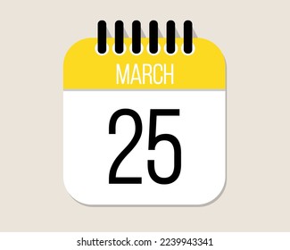 25 day March calendar vector. March month calendar page icon in yellow.