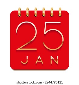 25 day of the month. January. Luxury calendar daily icon. Date day week Sunday, Monday, Tuesday, Wednesday, Thursday, Friday, Saturday. Gold text. Red paper. Vector illustration.