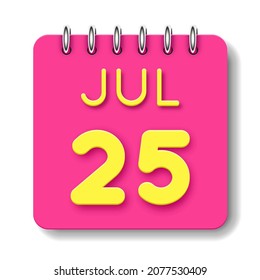 25 day of the month. 25 Jule. Cute calendar daily icon. Date day week Sunday, Monday, Tuesday, Wednesday, Thursday, Friday, Saturday.