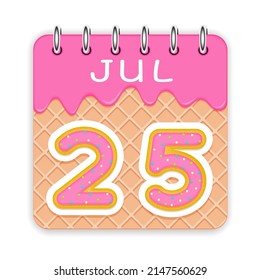 25 day of the month. July. Waffle cone calendar with melted ice cream. 3d daily icon. Date. Week Sunday, Monday, Tuesday, Wednesday, Thursday, Friday, Saturday. White background. Vector illustration.