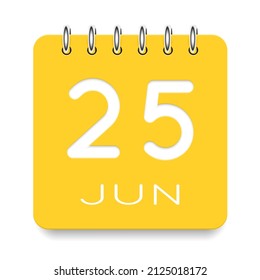 25 day of the month. June. Cute yellow calendar daily icon. Date day week Sunday, Monday, Tuesday, Wednesday, Thursday, Friday, Saturday. Cut paper. White background. Vector illustration.