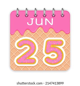 25 day of the month. June. Waffle cone calendar with melted ice cream. 3d daily icon. Date. Week Sunday, Monday, Tuesday, Wednesday, Thursday, Friday, Saturday. White background. Vector illustration.