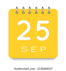 25 day of the month. September. Cute yellow calendar daily icon. Date day week Sunday, Monday, Tuesday, Wednesday, Thursday, Friday, Saturday. Cut paper. White background. Vector illustration.