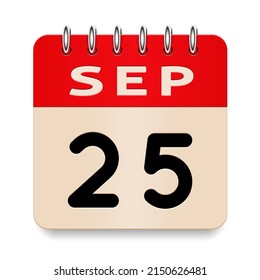 25 day of the month. September. Flip old formal calendar. 3d daily icon. Date. Week Sunday, Monday, Tuesday, Wednesday, Thursday, Friday, Saturday. Cut paper. White background. Vector illustration.