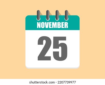 25 Day November in green. Calendar icon for November month on clear background