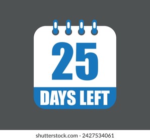 Quedan 25 días de diseño vectorial. Icono de calendario de página diaria de cuenta regresiva aislado en fondo oscuro