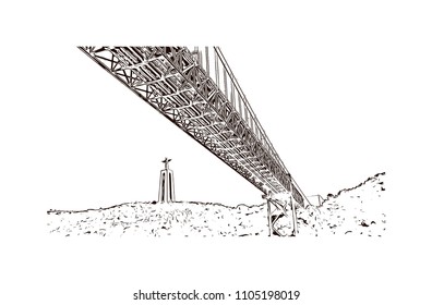 The 25 de Abril Bridge is a suspension bridge connecting the city of Lisbon, capital of Portugal. Hand drawn sketch illustration in vector.