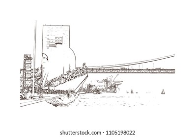 The 25 de Abril Bridge is a suspension bridge connecting the city of Lisbon, capital of Portugal. Hand drawn sketch illustration in vector.