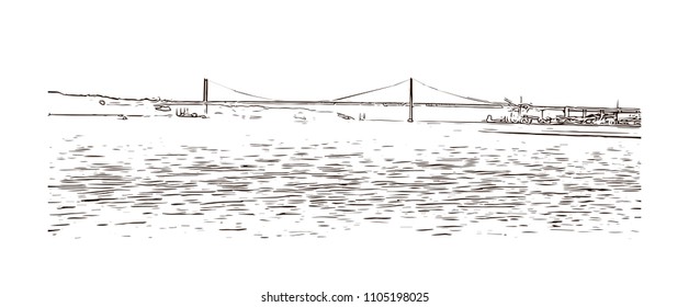 The 25 de Abril Bridge is a suspension bridge connecting the city of Lisbon, capital of Portugal. Hand drawn sketch illustration in vector.