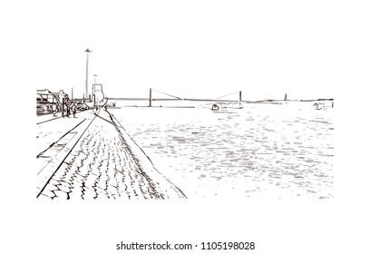 The 25 de Abril Bridge is a suspension bridge connecting the city of Lisbon, capital of Portugal. Hand drawn sketch illustration in vector.