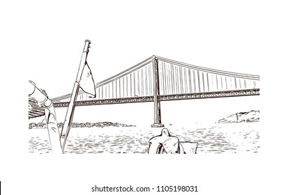 The 25 de Abril Bridge is a suspension bridge connecting the city of Lisbon, capital of Portugal. Hand drawn sketch illustration in vector.