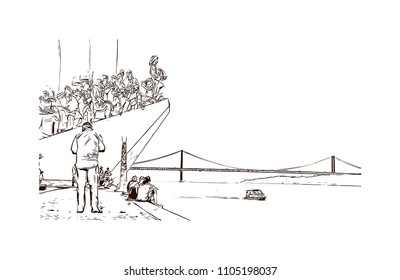 The 25 de Abril Bridge is a suspension bridge connecting the city of Lisbon, capital of Portugal. Hand drawn sketch illustration in vector.