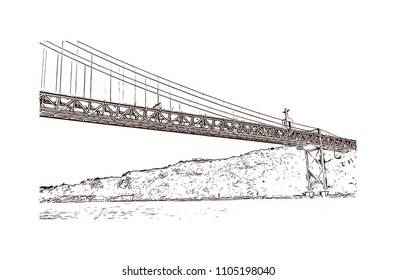 The 25 de Abril Bridge is a suspension bridge connecting the city of Lisbon, capital of Portugal. Hand drawn sketch illustration in vector.