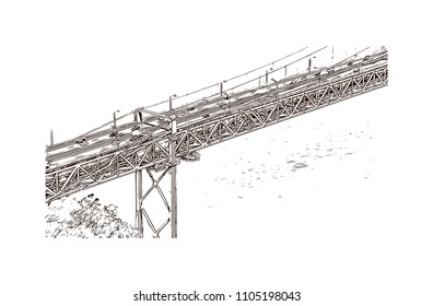 The 25 de Abril Bridge is a suspension bridge connecting the city of Lisbon, capital of Portugal. Hand drawn sketch illustration in vector.