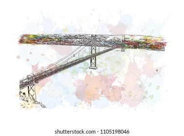 The 25 de Abril Bridge is a suspension bridge connecting the city of Lisbon, capital of Portugal. Watercolor
splash with hand drawn sketch illustration in vector.