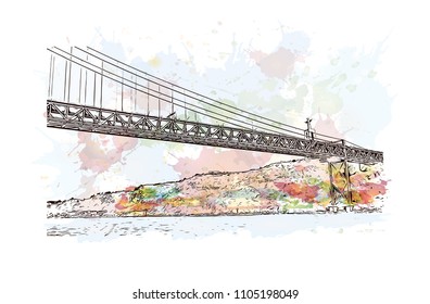 The 25 de Abril Bridge is a suspension bridge connecting the city of Lisbon, capital of Portugal. Watercolor
splash with hand drawn sketch illustration in vector.