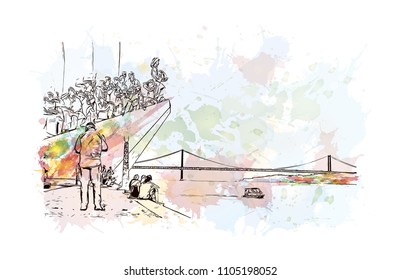 The 25 de Abril Bridge is a suspension bridge connecting the city of Lisbon, capital of Portugal. Watercolor
splash with hand drawn sketch illustration in vector.