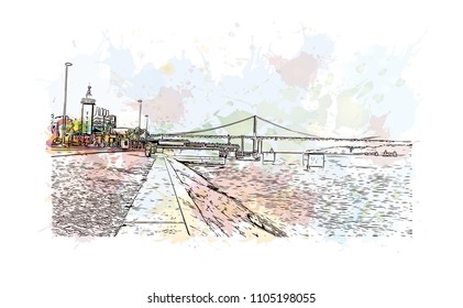 The 25 de Abril Bridge is a suspension bridge connecting the city of Lisbon, capital of Portugal. Watercolor
splash with hand drawn sketch illustration in vector.