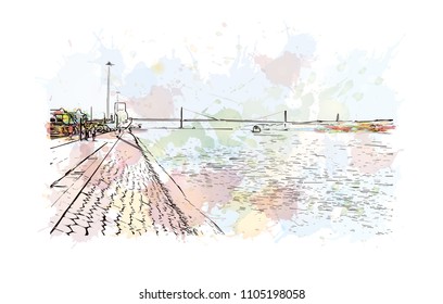 The 25 de Abril Bridge is a suspension bridge connecting the city of Lisbon, capital of Portugal. Watercolor
splash with hand drawn sketch illustration in vector.