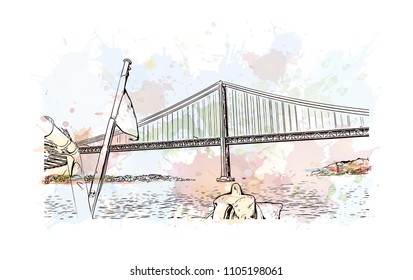 The 25 de Abril Bridge is a suspension bridge connecting the city of Lisbon, capital of Portugal. Watercolor
splash with hand drawn sketch illustration in vector.