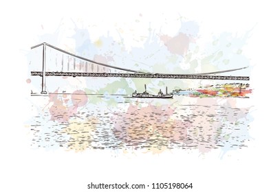 The 25 de Abril Bridge is a suspension bridge connecting the city of Lisbon, capital of Portugal. Watercolor
splash with hand drawn sketch illustration in vector.