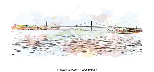 The 25 de Abril Bridge is a suspension bridge connecting the city of Lisbon, capital of Portugal. Watercolor
splash with hand drawn sketch illustration in vector.