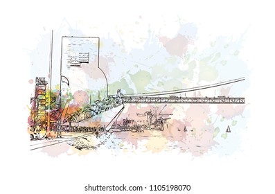 The 25 de Abril Bridge is a suspension bridge connecting the city of Lisbon, capital of Portugal. Watercolor
splash with hand drawn sketch illustration in vector.