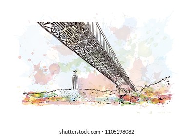 The 25 de Abril Bridge is a suspension bridge connecting the city of Lisbon, capital of Portugal. Watercolor
splash with hand drawn sketch illustration in vector.