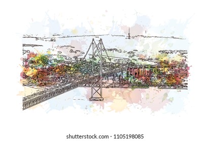 The 25 de Abril Bridge is a suspension bridge connecting the city of Lisbon, capital of Portugal. Watercolor
splash with hand drawn sketch illustration in vector.