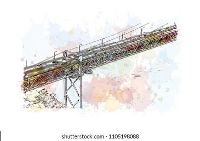 The 25 de Abril Bridge is a suspension bridge connecting the city of Lisbon, capital of Portugal. Watercolor
splash with hand drawn sketch illustration in vector.