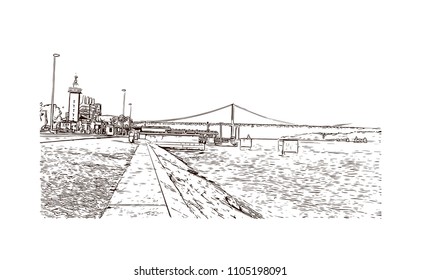 The 25 de Abril Bridge is a suspension bridge connecting the city of Lisbon, capital of Portugal. Hand drawn sketch illustration in vector.