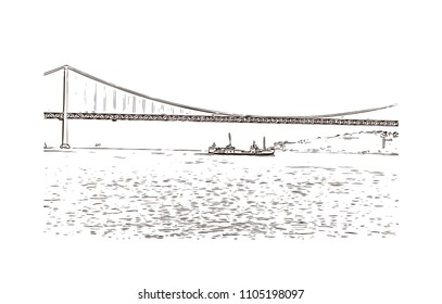 The 25 de Abril Bridge is a suspension bridge connecting the city of Lisbon, capital of Portugal. Hand drawn sketch illustration in vector.