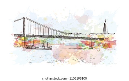 The 25 de Abril Bridge is a suspension bridge connecting the city of Lisbon, capital of Portugal. Watercolor
splash with hand drawn sketch illustration in vector.