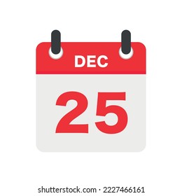 25 dec Red calendar icon on white transparent background, vector.