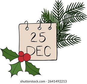 25 December calendar holiday composition isolated. Vector graphic line ink illustration. calendar vector symbol for the month of December. For logo, web, package, sticker.
