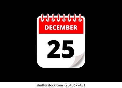 Diseño web mensual de la página de texto del ícono del calendario del 25 de diciembre en el Vector, el ícono o la ilustración del fondo rojo, blanco y negro con el mes del 25 de diciembre